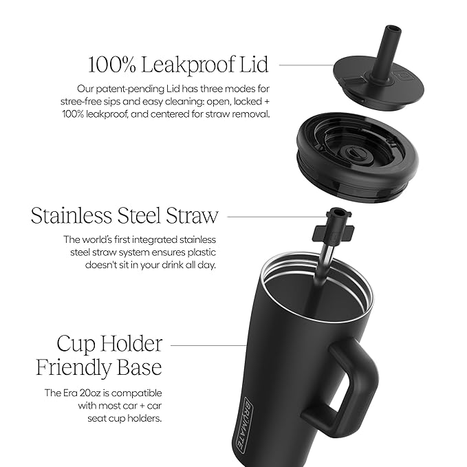 BrüMate Era 20 oz Tumbler with Handle and Straw | 100% Leakproof Insulated Tumbler with Lid and Straw | Made of Stainless Steel | Cup Holder Friendly Base | 20oz (Matte Black)