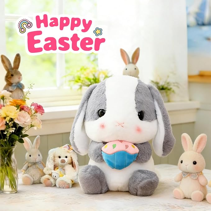 HOUPU Soft Toy - Sitting Lop Eared Rabbit, Easter White Rabbit Stuffed Bunny Animal with Carrot Soft Lovely Realistic Long-Eared Standing Pink Plush Toys (Ash White-Cake,16.9in/43cm)