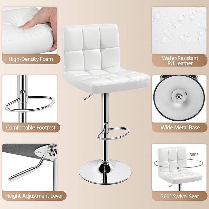 Yaheetech Bar Stools Set of 2, PU Leather Adjustable Swivel Barstools, Armless Hydraulic Kitchen Counter Bar Stool, Kitchen Island Chairs Set of 2, White