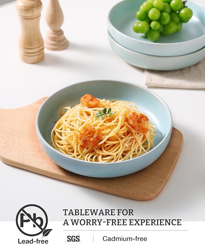 famiware Milkyway Pasta Bowls Set of 4, 8.5" Large Salad Bowls, Double Reactive Glaze, Sturdy & Stackable, Ideal for Housewarming, Festivals, Light Blue