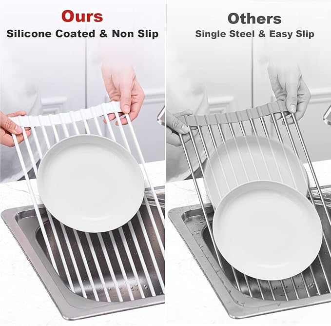 MERRYBOX Roll Up Dish Drying Rack, Silicone Wrapped Over The Sink Dish Rack Foldable Dish Drainer Anti-Slip Dish Racks for Kitchen Counter, Multipurpose Kitchen Sink Drying Rack, 18" x 13", White