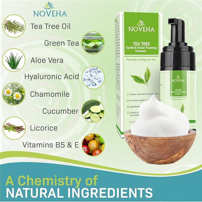 NOVEHA Tea Tree Oil Foaming Cleanser - Therapeutic Daily Skincare For For Eyelash & lids, MGD, Stye Eyes, Skin Dryness, Moisturize with Organic Ingredients, For All Skin Types (2 Pack)