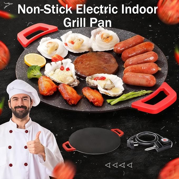 Indoor Smokeless Electric Griddle, 2026 Upgraded 1500w Portable Electric Korean BBQ Grill, Non-stick Round Grill Pan for BBQ, Tortillas, Steaks, Burgers, Pancakes (14.2in)