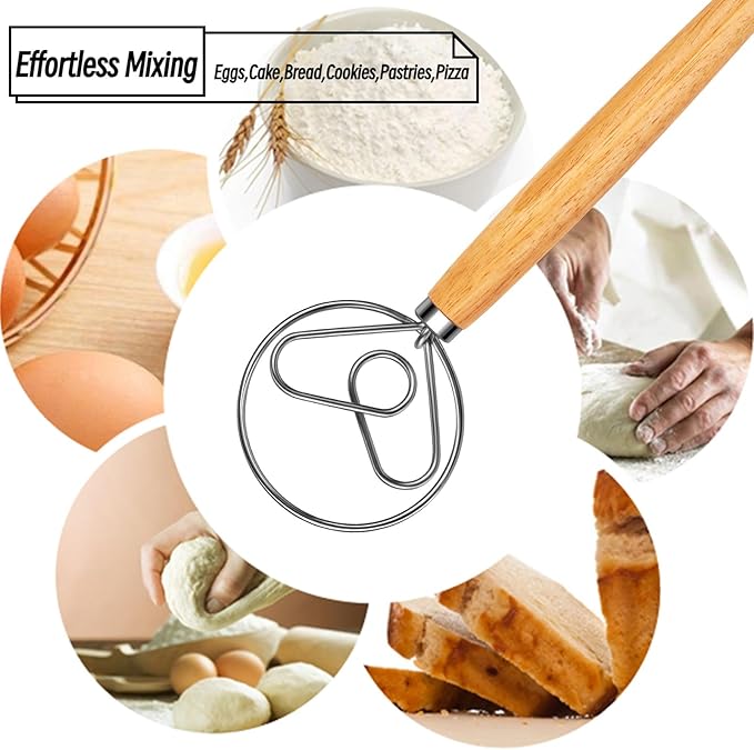 Danish Dough Whisk Stainless Steel Hook Dutch Style Bread Mixer with Wooden Handle for Sourdough Making Tools