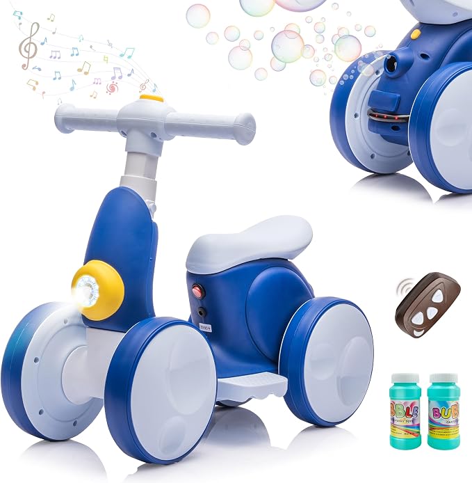 JoyRydz 6V Electric Baby Balance Bike with Bubble Machine,4 in 1 Toddler Balance Bike w/Remote Control for 1 Year Old Boys Girls Kids Bubble Bike Ride on Toys w/Powered Motor,Music,LED Lights (Blue)