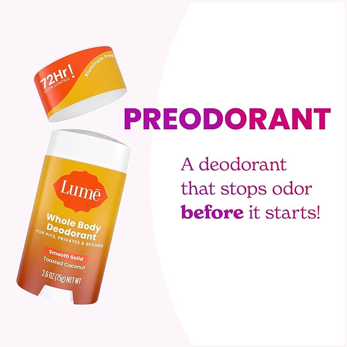 Lume Whole Body Deodorant - Smooth Solid Stick - 72 Hour Odor Control - Aluminum Free, Baking Soda Free and Skin Loving - 2.6 Ounce (Pack of 3) (Toasted Coconut)