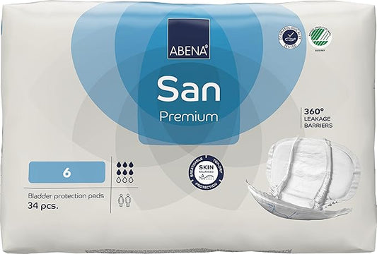 Abena San Premium Incontinence Pads, Moderate Absorbency, (Sizes 4 to 7), Size 6, 34 Count