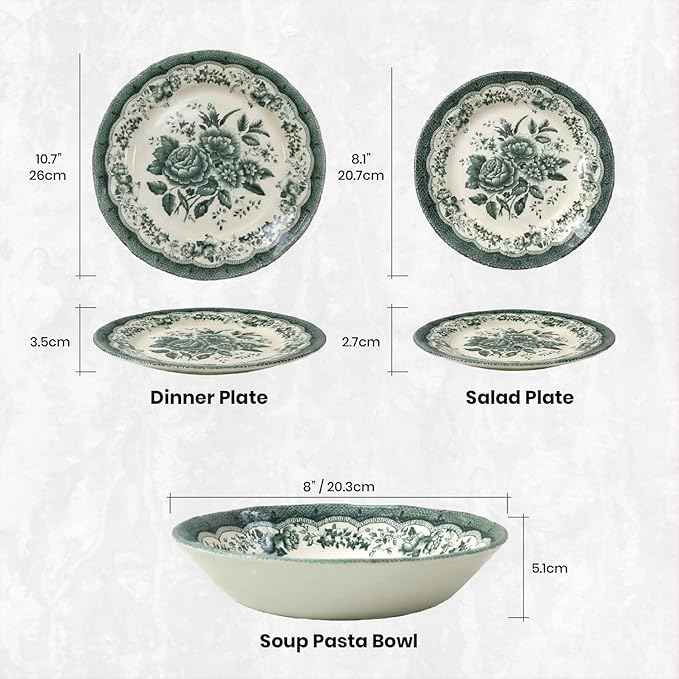 TUDOR ROYAL 12-Piece Porcelain Round Dinnerware Set, Service for 4, VICTORIA Green Design, Blue Floral, Plates Bowls Dishes, Premium Quality Tableware, Unique Pattern, Glossy