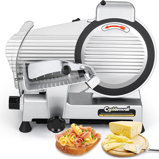 CGOLDENWALL Meat Slicer Machine with Teflon Non-stick Blade 240W Electric Meat Slicer for Frozen Meat/Deli Meat/Cheese/Food Slicer, Low Noises Commercial and Home Use