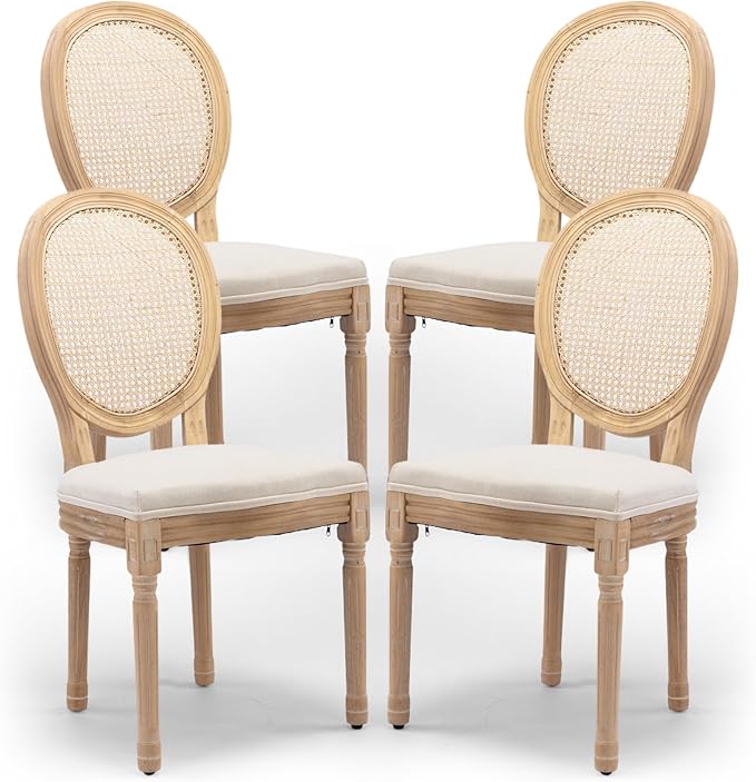 Rattan Back Upholstered Dining Chairs Set of 4 French Country Oval Kitchen Side Chairs with Wood Legs for Dining Room, Kitchen, Restaurant(Beige-Rattan)