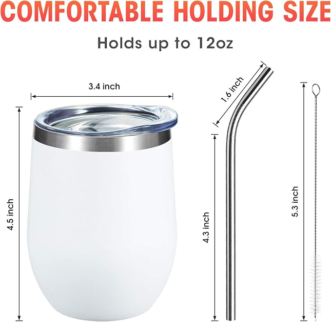 COMOOO 12oz Wine Tumbler with Lid and Straw, Stainless Steel Stemlss Wine Glass, Double Wall Vacuum Insulated Wine Tumbler Cup for Wine, Cocktails, Champaign, White, 16 Pack