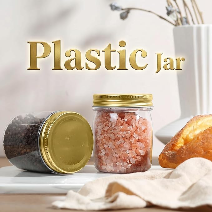 novelinks 8 oz Clear Plastic Jars with Airtight Lids, 24 Pack Plastic Mason Jars with Lids 8oz, Refillable Storage Slime Containers & Small Spice Jar for Kitchen Organization (24 Pack,Gold)