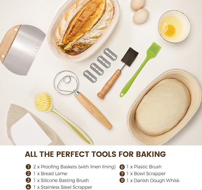 Banneton Bread Proofing Baskets and Sourdough Bread Baking Supplies - Sourdough Starter Kit 10" Oval Set of 2, 6 Accessories