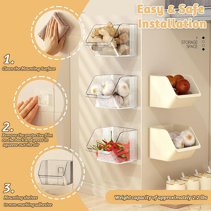 3 Pack Wall Mounted Storage Organizer Bins, Floating Shelves Fridge Organizer Storage Bins, Stackable Organizer Basket for Wall, Refrigerator, Kitchen, Bathroom, Countertops, Pantry (White)