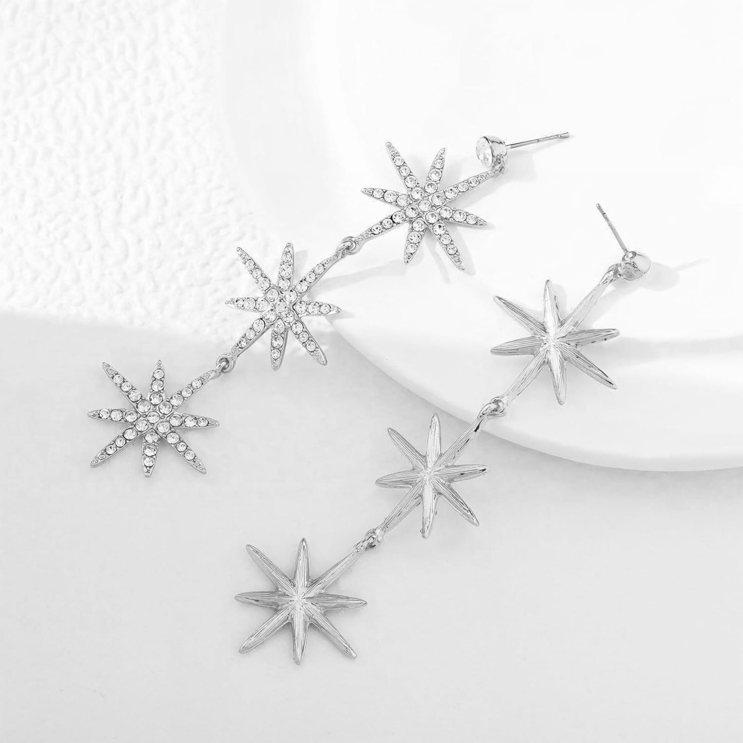 Blingsoul Silver Star Dangle Earrings – Silver Rhinestone Earrings Dangling Style with Hexagram Star Earrings for Women Brides | [J100047] Star Snowflakes | Silver