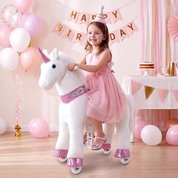 WondeRides Ride on Unicorn Horse Rider Pony Cycle Toy, 30.1 Inch Height Riding Pony White Unicorn Toy Plush Rocking Mechanical Walking Animal with Wheels No Battery Size 3 for Kids 3-5 Years M332-1