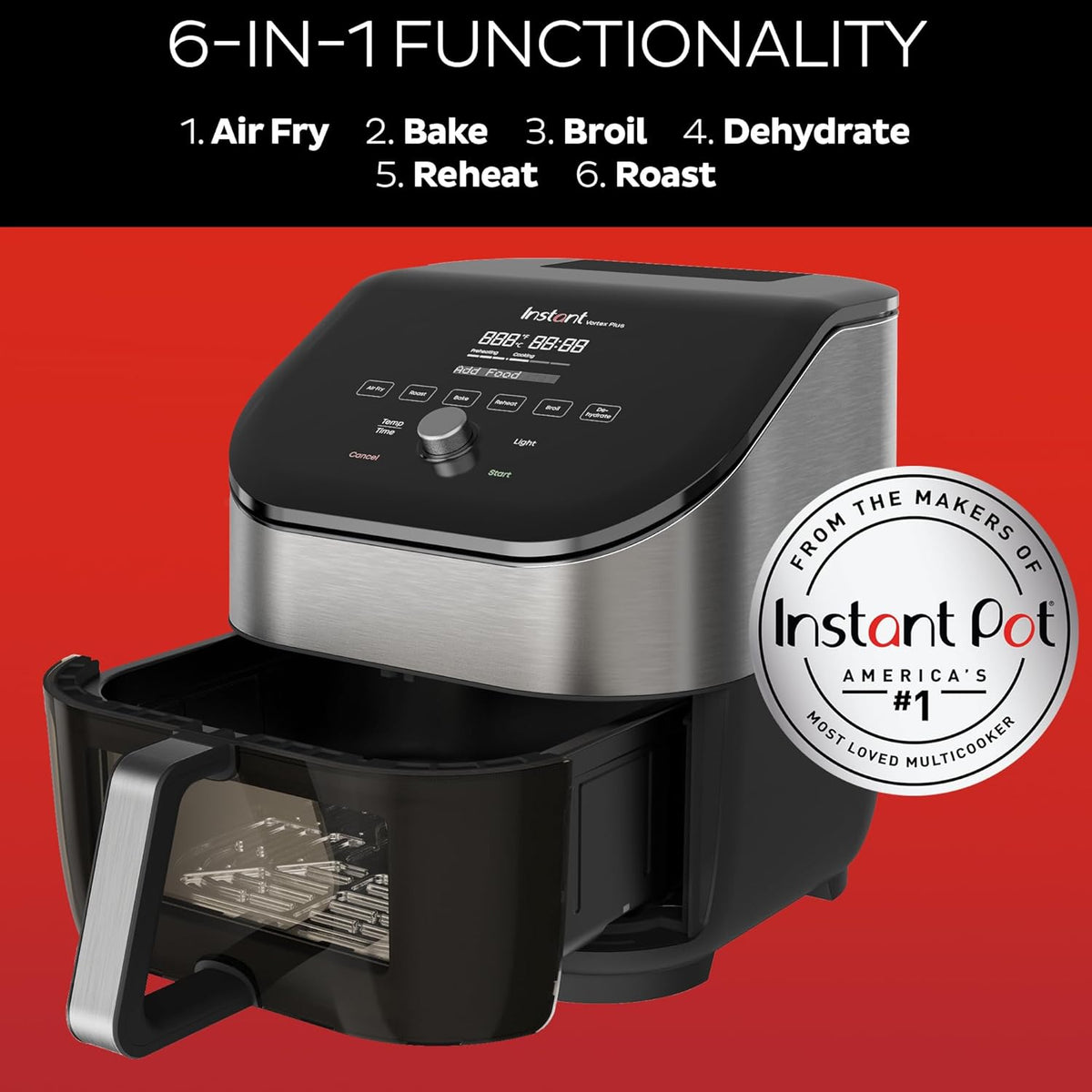 Instant Pot Vortex Plus 6QT Air Fryer with Odor Erase Technology,6-in-1 Functions that Crisps,Roasts, Broils,Dehydrates, Bakes & Reheats, 100+In-App Recipes, from the Makers of Instant Pot,1700W,Black