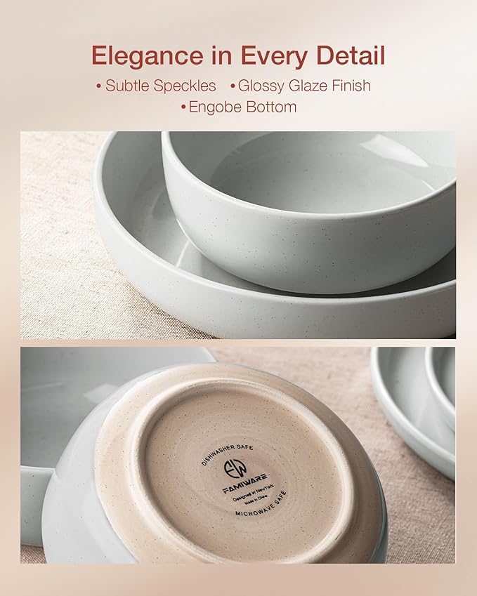 Famiware Milkyway Stoneware Dinnerware Sets with Pasta Bowls, Service for 4 (16 Pieces), Plates and Bowls Sets -Scratch Resistant, Microwave and Dishwasher Safe Dishes Set, Light Gray
