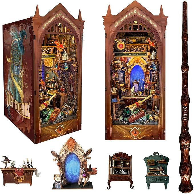 Book Nook Kit for Adults 3D Puzzle Miniature House Kit for Adults Craft Lovers Bookshelf Decor DIY Model Kit with LED Sensor Light-Magic Academy (SQ-38)