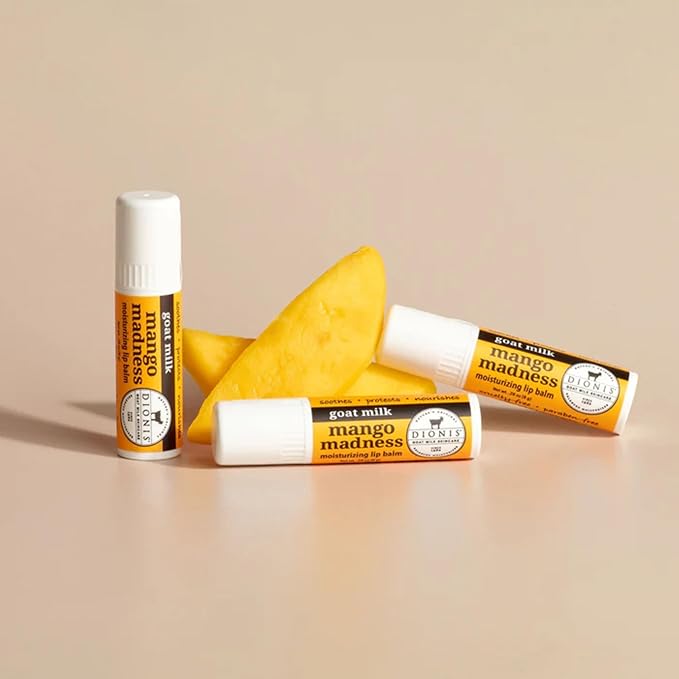 Dionis Goat Milk Skincare Scented Lip Balm, Beeswax, Shea Butter & Coconut Oil Self Care Made in The USA, Cruelty Free, Paraben Free Hydrating Moisturizer for Chapped Lips, Mango Madness, 0.28oz, 6pk