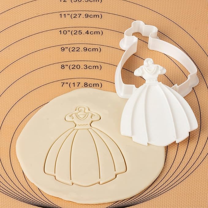 Flycalf Wedding Dress Cookie Cutter with Plunger Stamps Bridesmaid Bridal Shower Holiday PLA Baking Accessories 3" Cutter Molds for Kids Decorative Party Kitchen