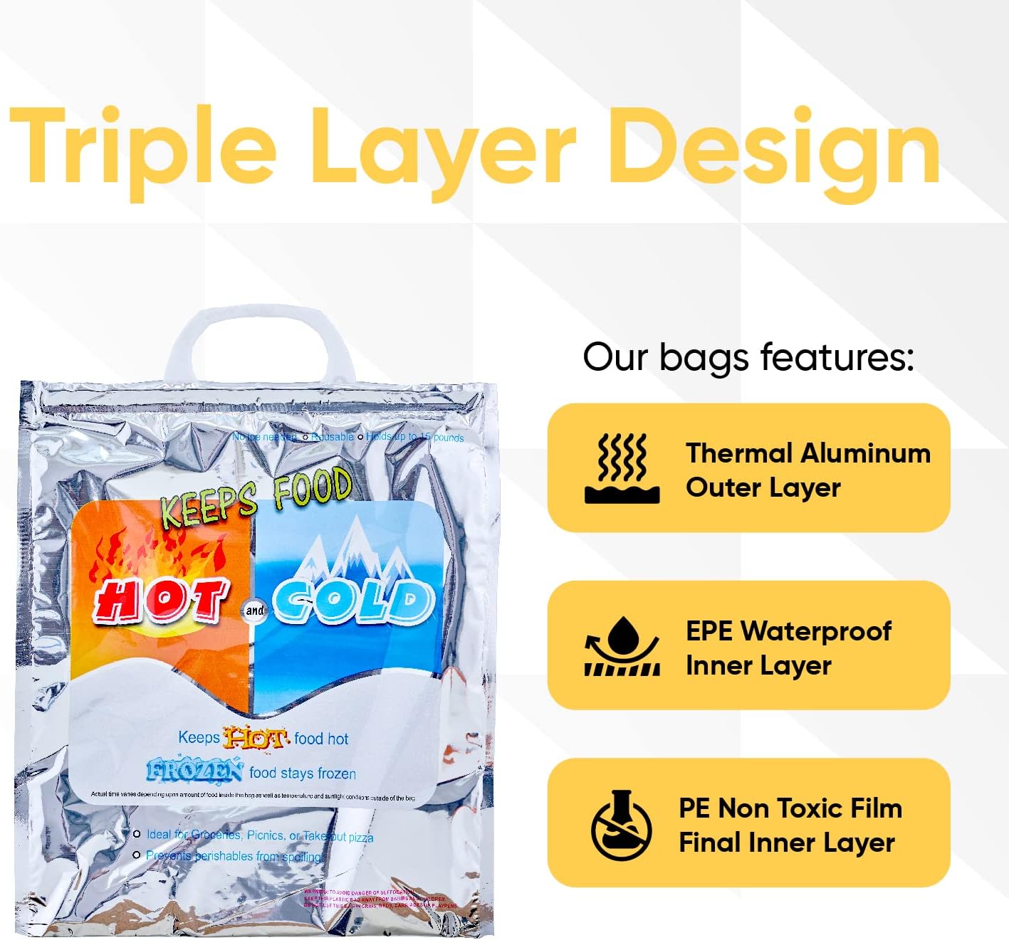 Superio Hot and Cold Insulated Bags for Food Delivery, Grocery Shopping Bags, Food Storage for Hot and Frozen Food for Travel, Disposable Cooler Bag, Reinforced Thermal Lunch Bag (8, 13"x7"x15.5")