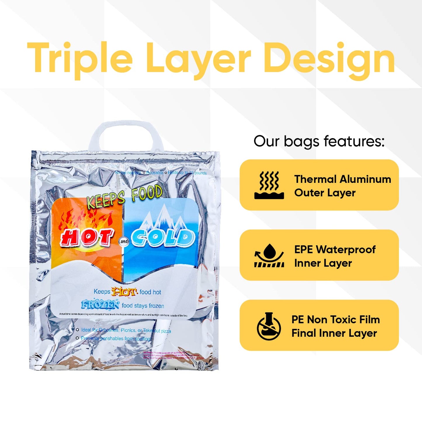 Superio Hot and Cold Insulated Bags for Food Delivery, Grocery Shopping Bags, Food Storage for Hot and Frozen Food for Travel, Disposable Cooler Bag, Reinforced Thermal Lunch Bag (1, 15.5"x13")