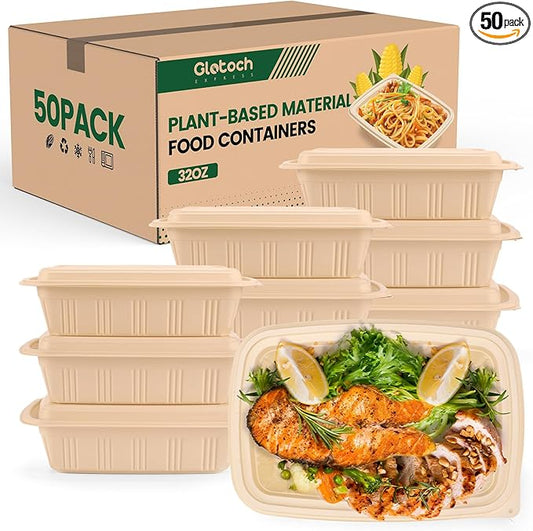 100 Piece (50 Pack) Meal Prep Containers with Lids,32 oz Resuable Cornstarch Material Salad Containers, Plant-based Lunch Boxes, Plastic Take Out Bowls BPA Free, Microwave Freezer Safe, Stackable