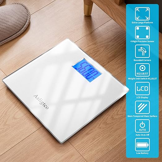 Bathroom Scale 560lbs High Capacity Scale for Body Weight Extra Large Platform Backlit Display Digital Scales with Tape Measure & Battery(Silver)
