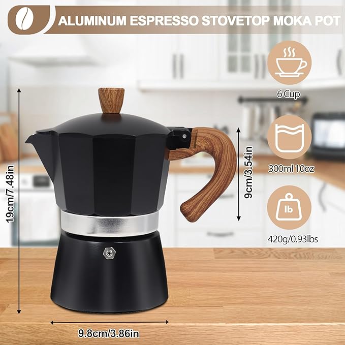 Aluminum 6 Cup 300ml Moka Pot Express Coffee Maker Stovetop Espresso Colorful Coffeemaker Italian Classic Style Brewing Greca Cafe Mocha Machine for Cafeteras Lover Camping Travel and Home Use 10oz