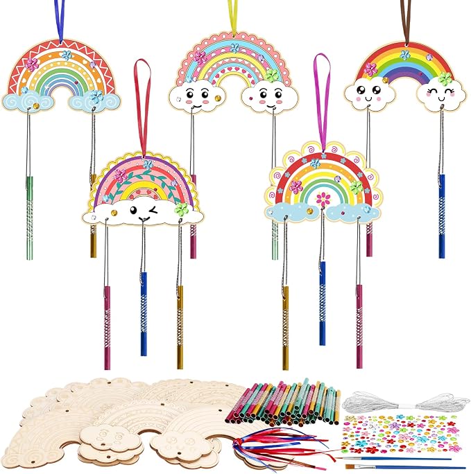 Fennoral 10 Rainbow Wind Chime Craft Kits for Kids Make Your Own Wind Chime Ornament DIY Coloring Wooden Art and Craft for Classroom Art Projects Spring Summer Birthday Decorations