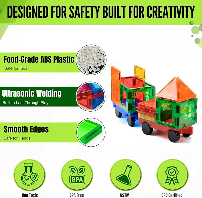 Magnetic Tiles Set 180 PCS with 2 Cars Bases, STEM Educational Magnet Toys for Kids Ages 3-12, Magnetics for Kids & Preschool, Creative Magnetic Building Toys for Boys & Girls