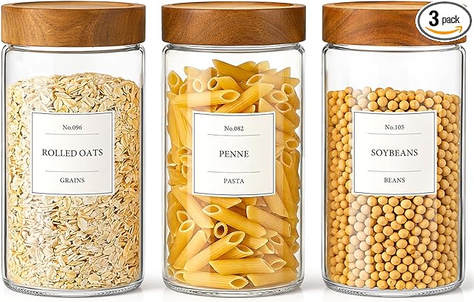 CONNOO 40oz Airtight Glass Storage Containers with Wood Lids (3-Pack) – Includes 120 Pre-Printed Waterproof White Kitchen Labels – Tall Pantry Canisters for Flour, Pasta & Cereal