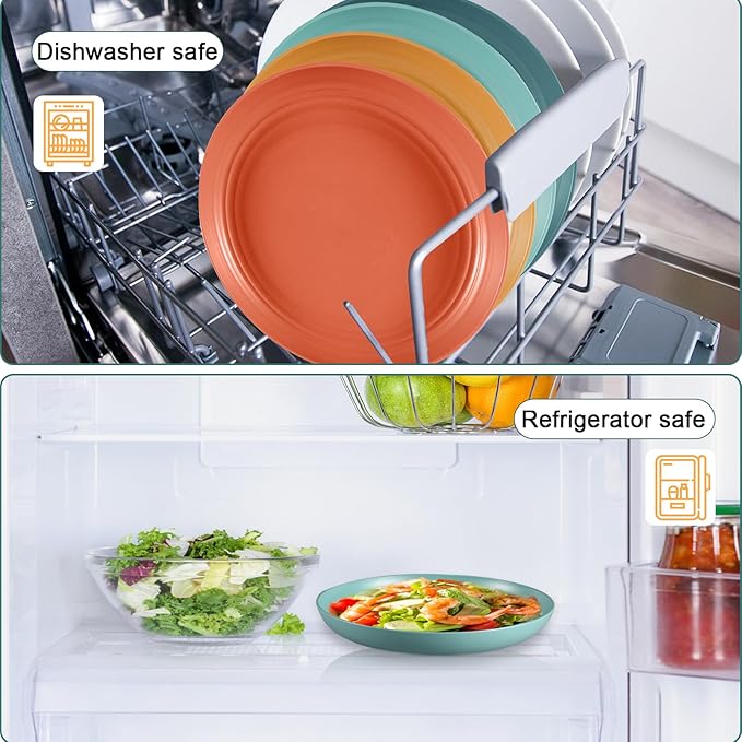 12 Pcs Unbreakable Deep Dinner Plates Set, 9 inch Reusable Plastic Wheat Straw Plates, Microwave and Dishwasher Safe Plate for Kitchen, Lightweight Plate for Dessert, BPA Free, Dark Green