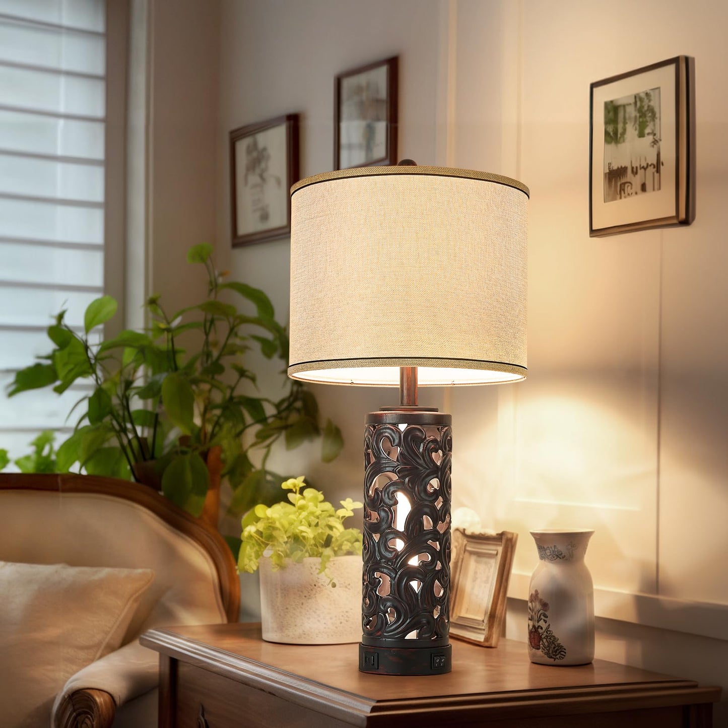 AIDENOEY Set of 2 Table Lamps with Night Light, 28" Farmhouse Table Lamp with USB A+C Ports,Brown Ceramic Bedside Lamp with Fabric Shade for Living Room,Bedroom,Home,Office(2 Bulbs Included)