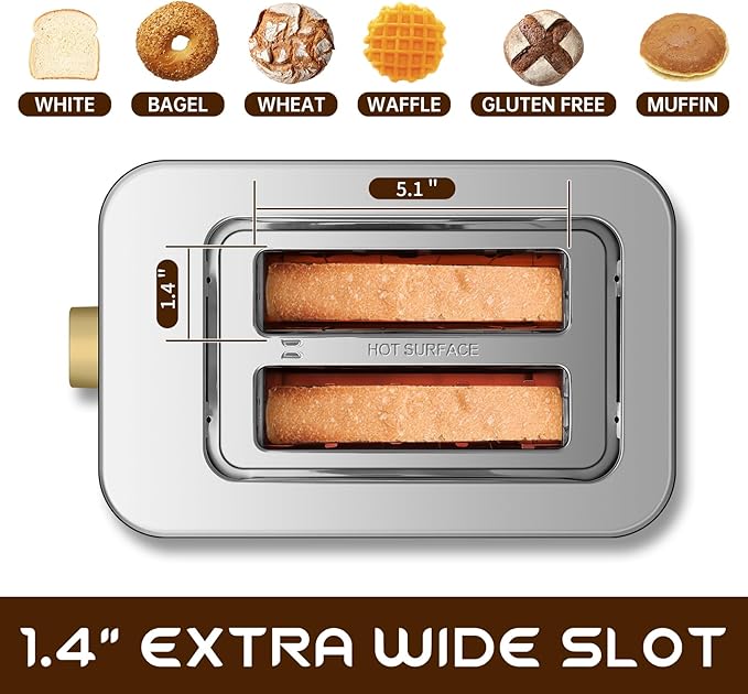 SEEDEEM Toaster 2 Slice, Touch Control Screen, Smart Stainless Toaster, 6 Shade Setting, 6 Bread Selection, Countdown, Removable Crumb Tray, 900W, Pearl White