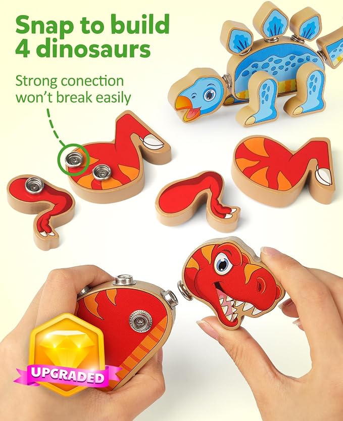 Coogam Dinosaur Snap Together Building Toys, Wooden Take Apart Dinosaur Playset, STEM Montessori Educational Fine Motor Skill Toy Gift for 3 4 5 Years Old Kids