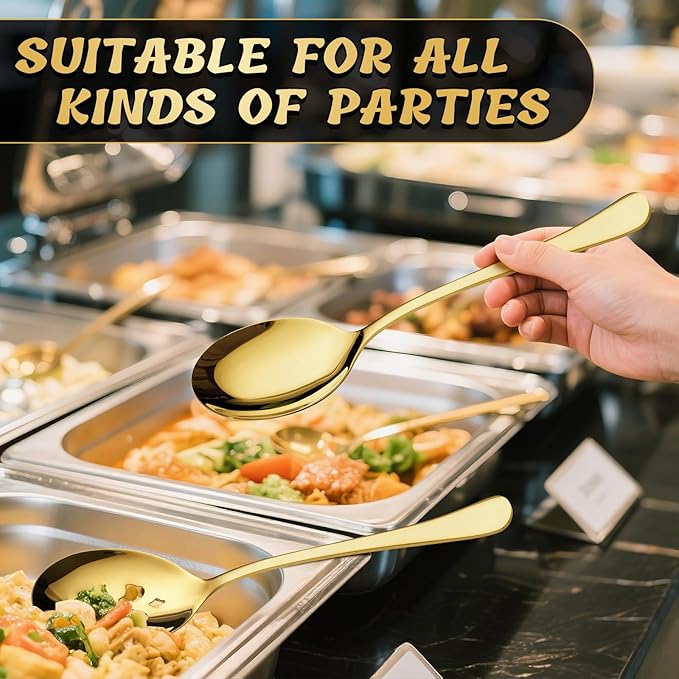 4 Piece Stainless Steel Serving Spoon Set - 2 Large, 2 Slotted,Dishwasher Safe,10-Inch,Gold, for Parties/Kitchen/Buffet/Catering