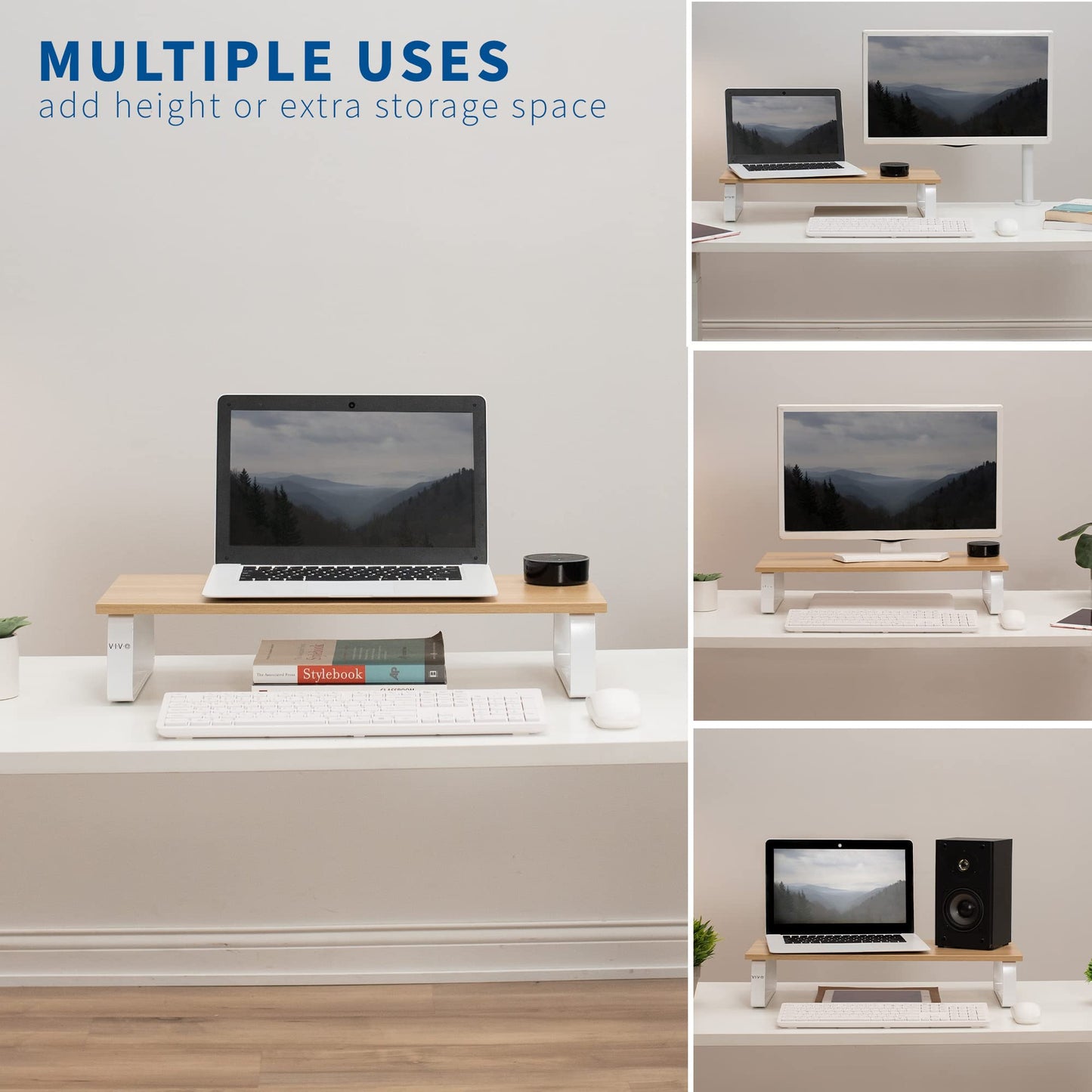 VIVO 24 inch Monitor Stand, Wood and Steel Desktop Riser, Screen, Keyboard, Laptop, Small TV, Ergonomic Desk and Tabletop Organizer, Light Wood, STAND-V000WM
