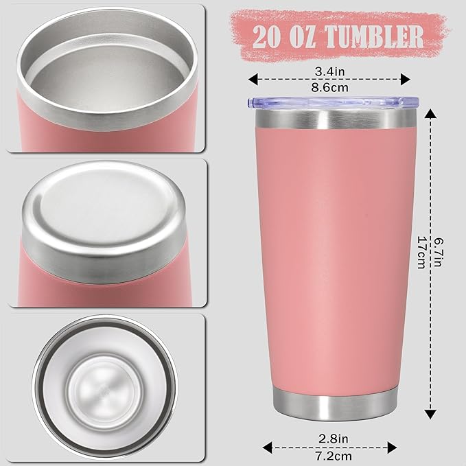 20 oz Tumbler Coffee Travel Tumblers Bulk with Lid Stainless Steel Double Wall Vacuum Insulated Mug Powder Coated Cups fit Car Cupholder for Hot and Cold - Pink, 4Pack