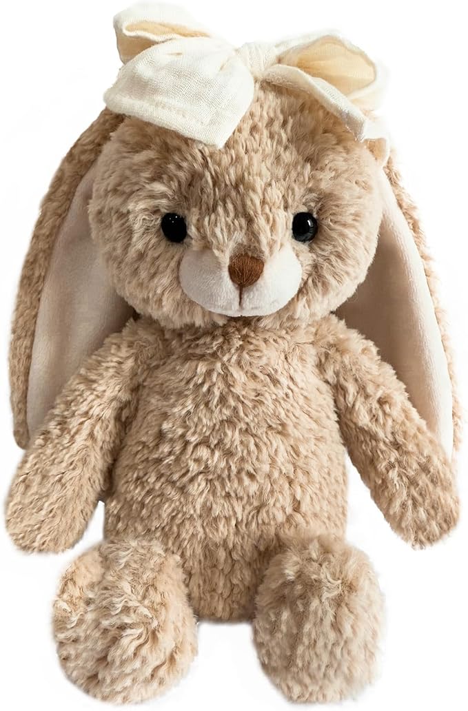 Bunny Stuffed Animal Soft Rabbit Cuddly Toy 8'' Long - Eared Brown Plush Bunny with Cream Bow Plush Toys for Babies and Toddlers