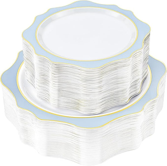 100 PCS White and Blue Disposable Plates for 50 Guests, Scalloped Plastic Plates Include 50 Dinner Plates and 50 Dessert Plates for Party, Wedding and Graduation