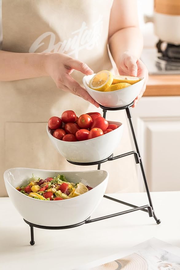 LAUCHUH Serving Dish for Entertaining, 3 Tier Serving Tray, Chip and Dip Serving Set Oval Serving Bowl Set for Easter, Mother's Day Fruit, Dessert, Appetizer, Candy, Vegetable, Black