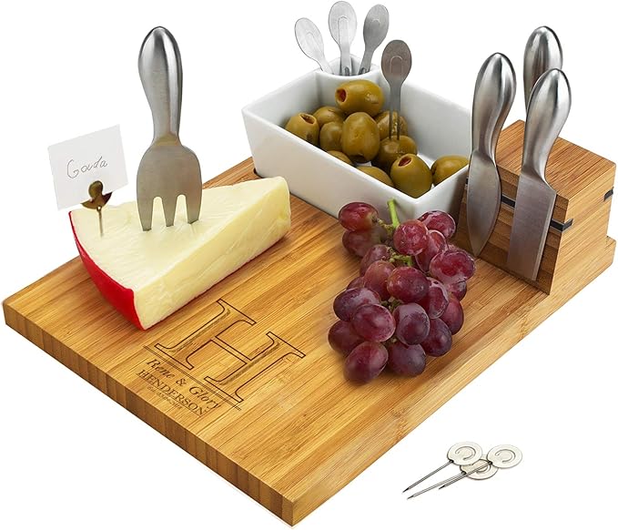 Custom Personalized Engraved Bamboo Cutting Board for Cheese & Charcuterie with Ceramic Dish, Knife Set, Cocktail Sticks & Cheese Markers -by Picnic at Ascot USA