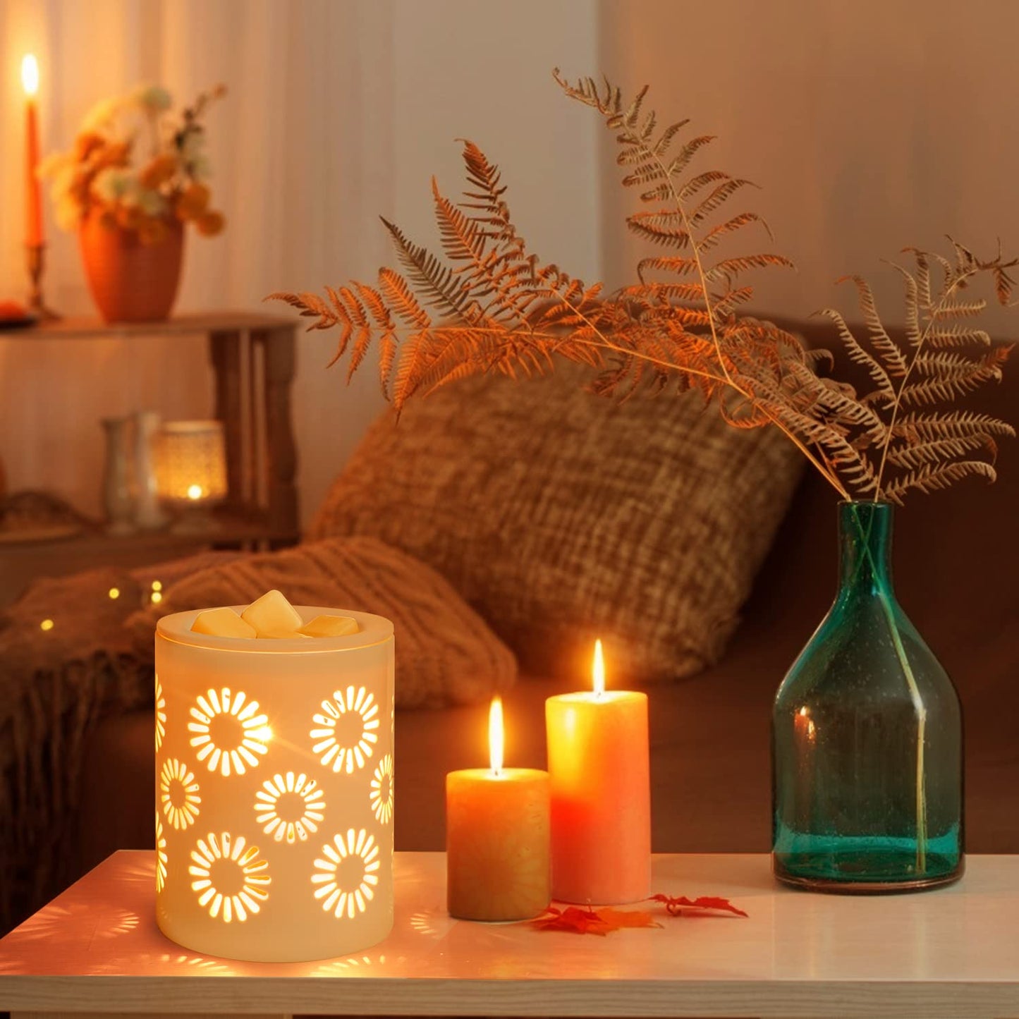 SALKING Ceramic Wax Melt Warmer, Electric Wax Warmer for Scented Wax, Candle Warmer Oil Burner with Edison Bulbs, Sunflower Fragrance Warmer Wax Cubes for Home, Bedroom, Birthday Gifts for Women
