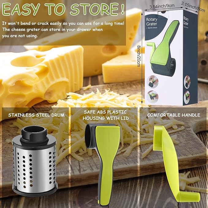 Boao Rotary Cheese Grater Manual Handheld Cheese Grater with Stainless Steel Drum for Grating Hard Chocolate Nuts Kitchen Tool(Gray Green)