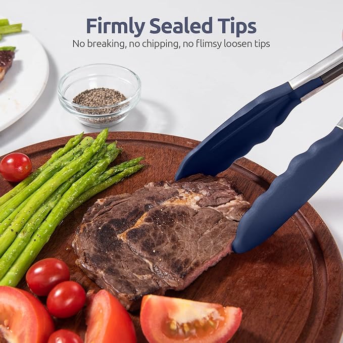 Heat Resistant Silicone Kitchen Tong: U-Taste 9 inch 480ºF Hot Proof Cooking Tong with Firm Sealed Non Stick Rubber Tips & Silicon Coated Steel Handle & Smooth Locking for Serving Grill(Midnight Blue)