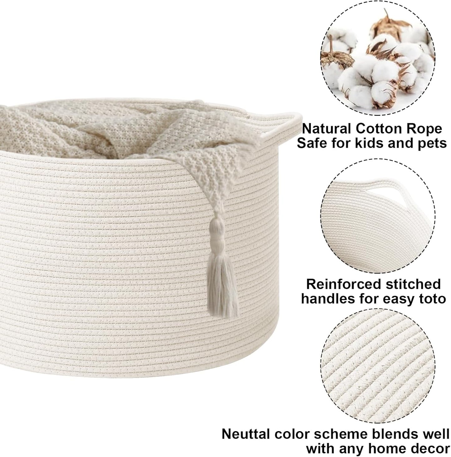 Large Blanket Basket for Organizing,115L Closet Organizers and Storage Bins Box for Shelves Woven Rope Storage Baskets,Living Room,Bedroom,Dorm,Laundry room (White)