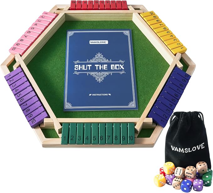 Vamslove Shut The Box Game for 6 Player with 12+4 Dice - Colorful 6 Sided Wooden Board Math Number Games for Kids Adults Families Party Club (Instructions Included)