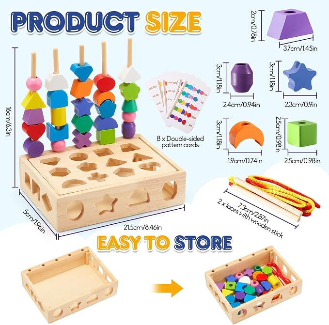 3 in 1 Montessori Wooden Toys, Lacing Beads & Stacking Blocks & Shape Sorter Sequencing Toy Set, STEM Preschool Educational Learning Fine Motor Skills Toys for Toddlers 3 4 5 Years Gifts